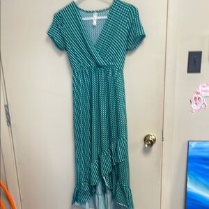 Green and polkadot dress with v-cut